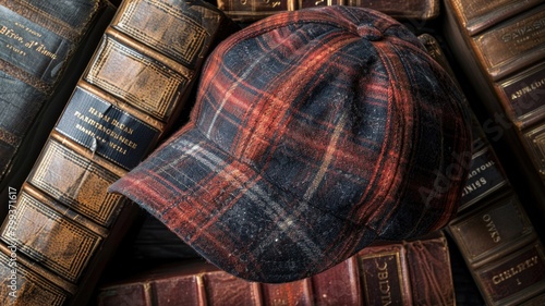 plaid cap placed on a pile of old books, shot from above to showcase the texture and pattern of the cap against the leather spines