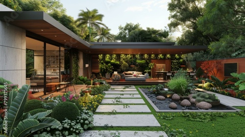 Courtyard house with lush garden and tropical plants © Adobe Contributor