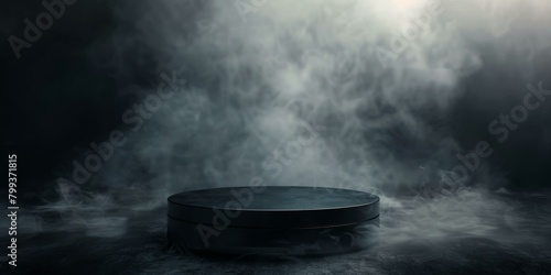 Black round stage with white smoke floating around on black background
