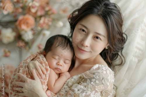 Asian mother holding her sleeping newborn baby in her arms photo