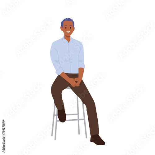 Friendly smiling man cartoon character sitting on chair having nice conversation isolated on white