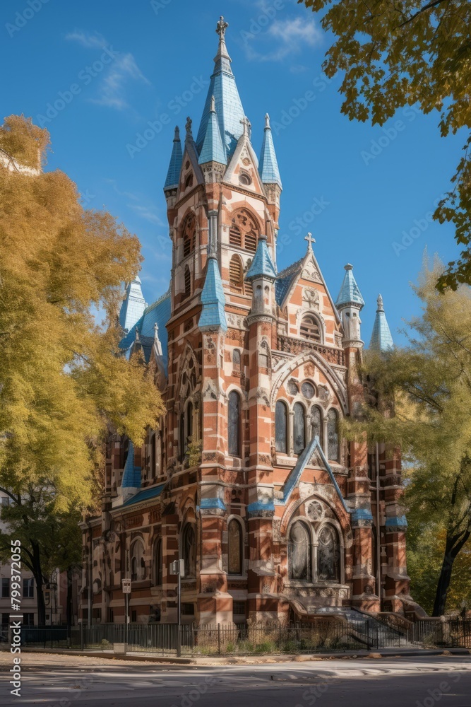 Fototapeta premium A beautiful church with blue accents and a blue sky in the background