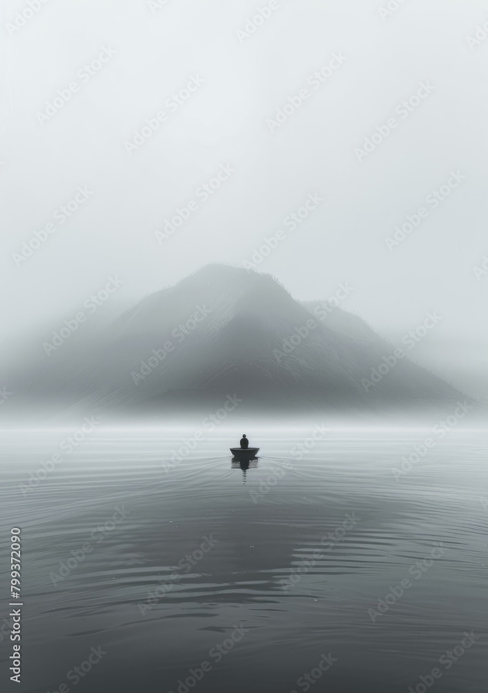 Man in a boat in a foggy lake with mountains in the distance