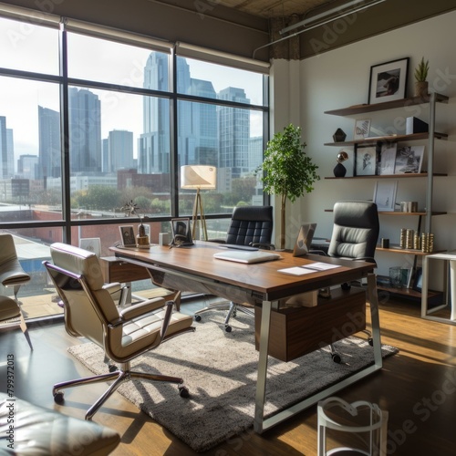 Modern office interior with large windows and city view © Adobe Contributor