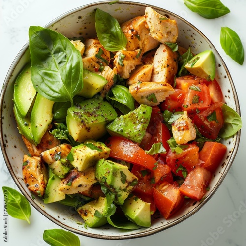 Grilled chicken breast with avocado, tomato and basil