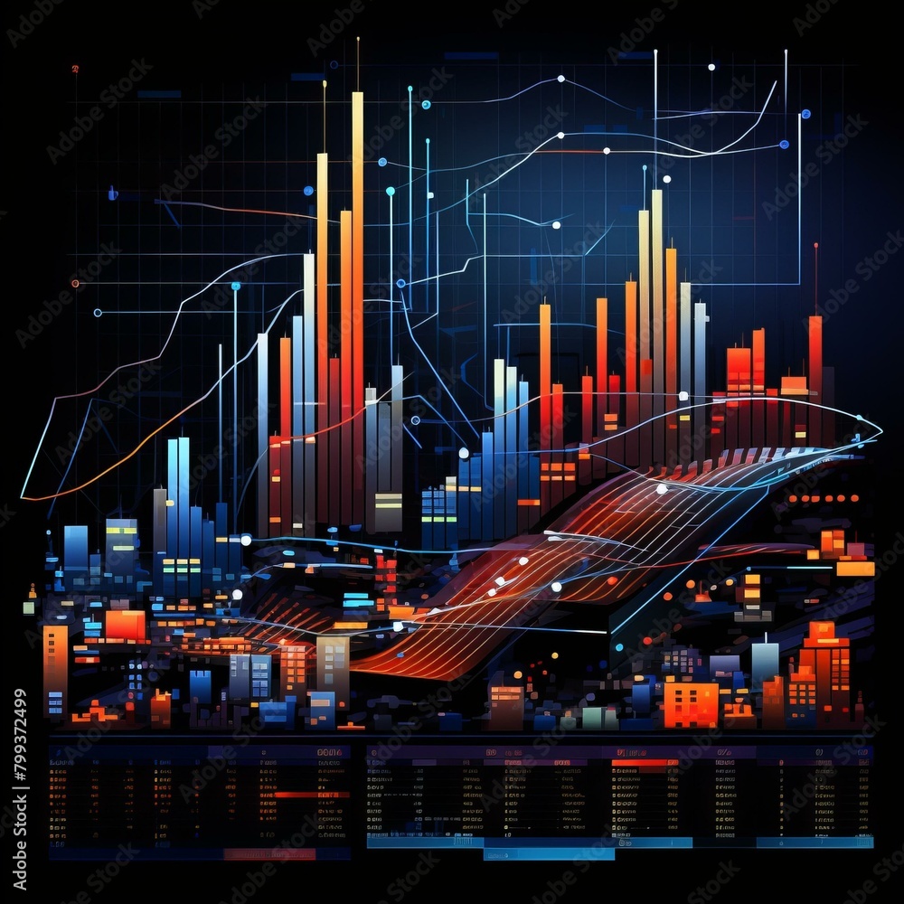 A digital illustration of a city at night with a glowing grid of data and information.