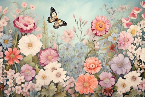 A beautiful field of flowers with a butterfly