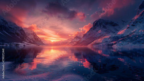 A beautiful sunset over a lake with mountains in the background © ART IS AN EXPLOSION.