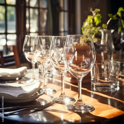 An empty restaurant table set with wine glasses and sunlight streaming through the windows