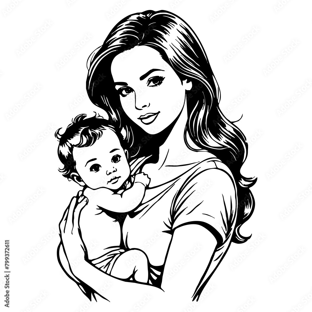 Black and white illustration. Mother's Day card design. Fictional characters. Generated by Ai