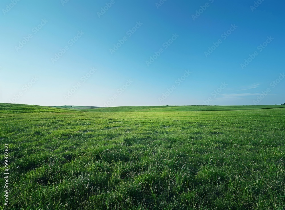 Vast green grassy field under blue sky