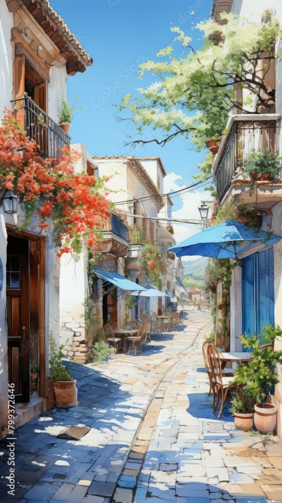 An illustration of a narrow street in a Mediterranean town