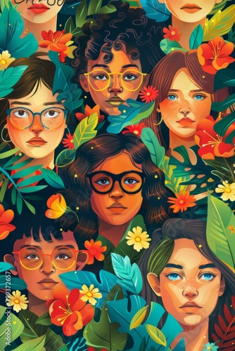 Diverse group of women of different ethnicities with flowers and leaves in the background