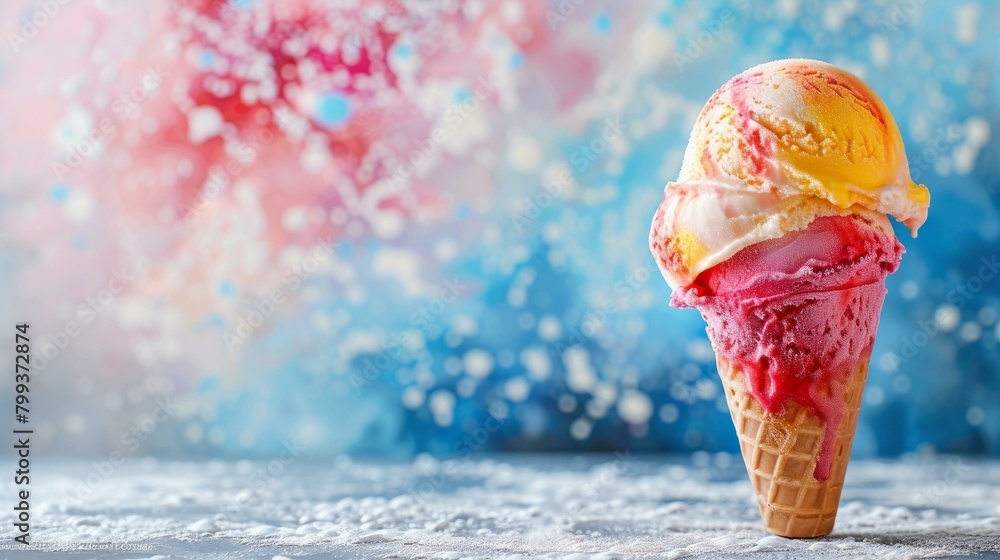 Ice cream cone with three different colored scoops of ice cream. Pink, yellow and white.
