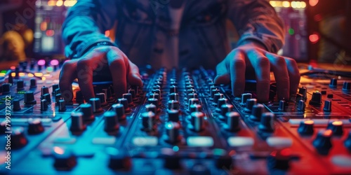 A DJ is mixing music on a professional sound mixer in a nightclub. photo