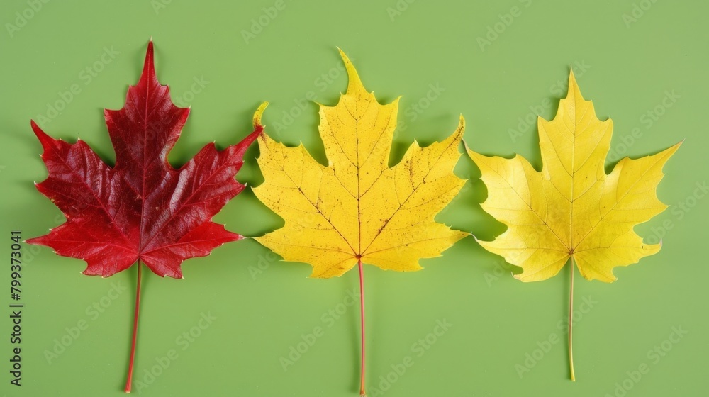 Three leaves of various colors on green surface