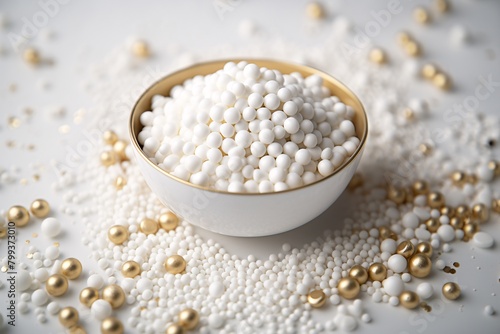 A white bowl filled with small white beads, surrounded by scattered beads and some golden pearls on a white surface.