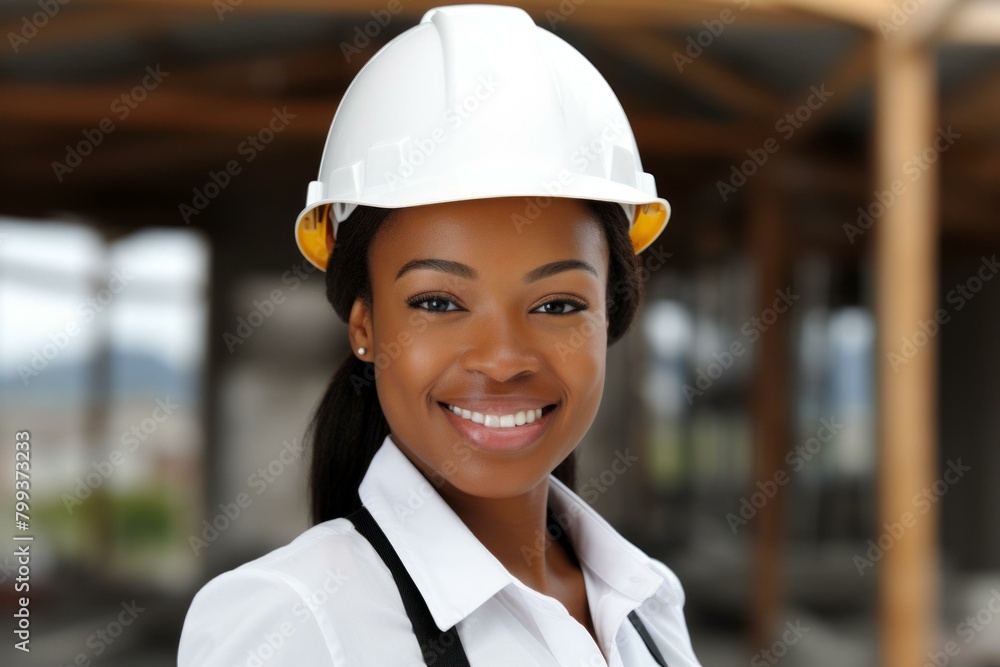 portrait of a smiling young african american woman wearing a hard hat portrait of a smiling young african american woman wearing a hard hat