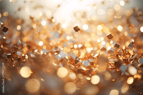 A close-up view of numerous small golden cubes illuminated by bright, warm light, creating a sparkling, shimmering effect.