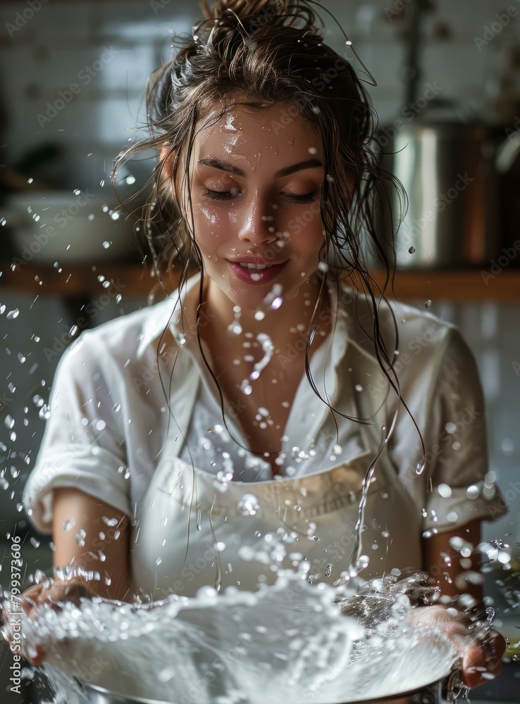 Obraz premium Young woman getting splashed with water in the kitchen