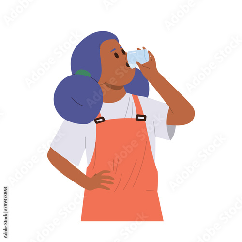 Little girl child cartoon character feeling thirsty drinking morning cup of water isolated on white