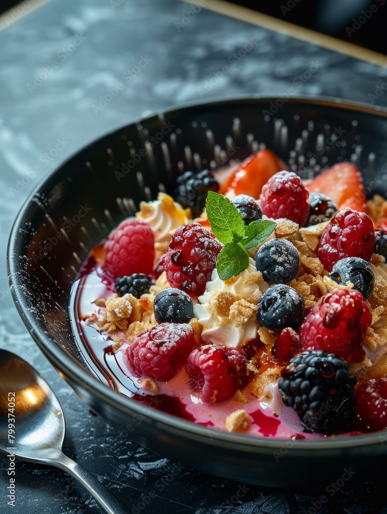 Black bowl with fresh raspberries, blueberries, strawberries, lingonberries and cream Black bowl with fresh raspberries, blueberries, strawberries, lingonberries and cream