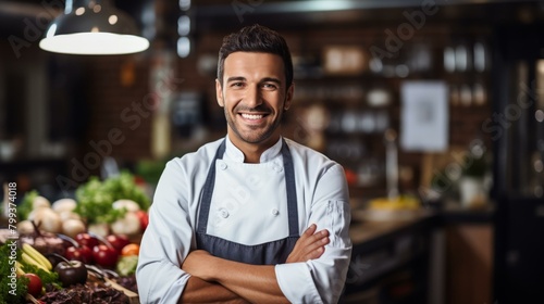 Portrait of a male chef smiling in a commercial kitchen