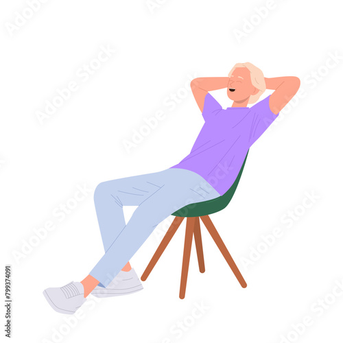 Young man cartoon character sitting on chair and enjoying procrastination, dreaming, sleeping