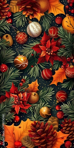 Christmas seamless pattern with poinsettias, pine cones, and ornaments