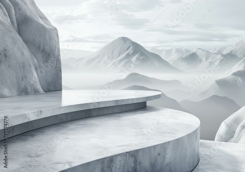 Gray foggy mountains and rocks podium