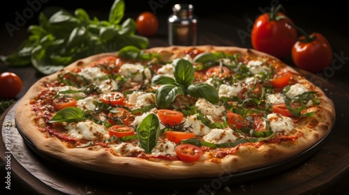 A delicious pizza with tomatoes, basil, and cheese