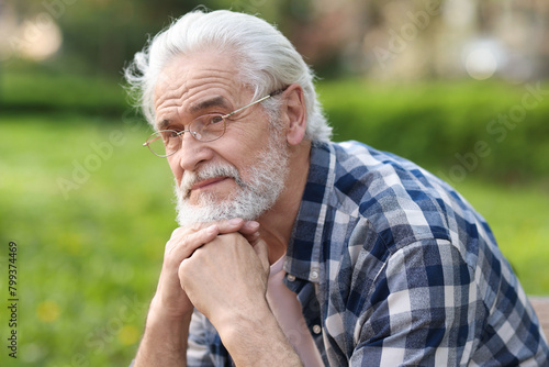 Portrait of happy grandpa with glasses in park