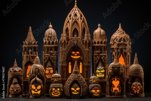 Carved wooden Halloween decorations photo