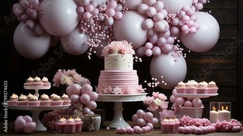 Lavish pink and white birthday party decorations with a large pink cake and cupcakes