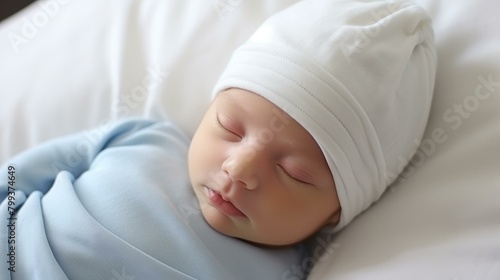 peaceful newborn baby boy sleeping soundly wrapped in a blue blanket photo