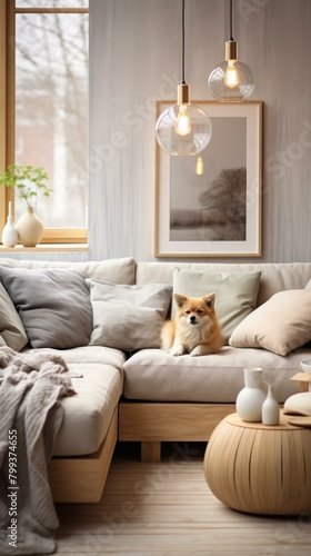 A cozy living room with a dog