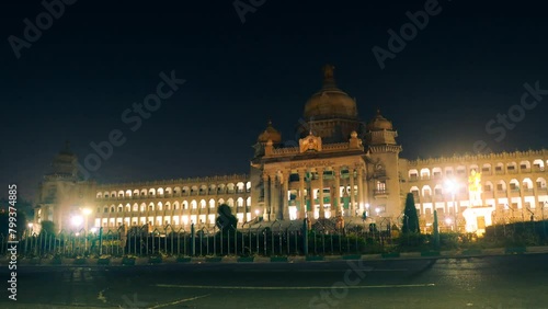 Night view of Vidhana Soudha, a building in Bangalore, India which serves as the seat of the state legislature of Karnataka, India.	 photo