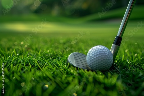 A golf ball is resting on golf club