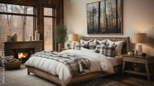 A cozy bedroom with a fireplace and a large bed