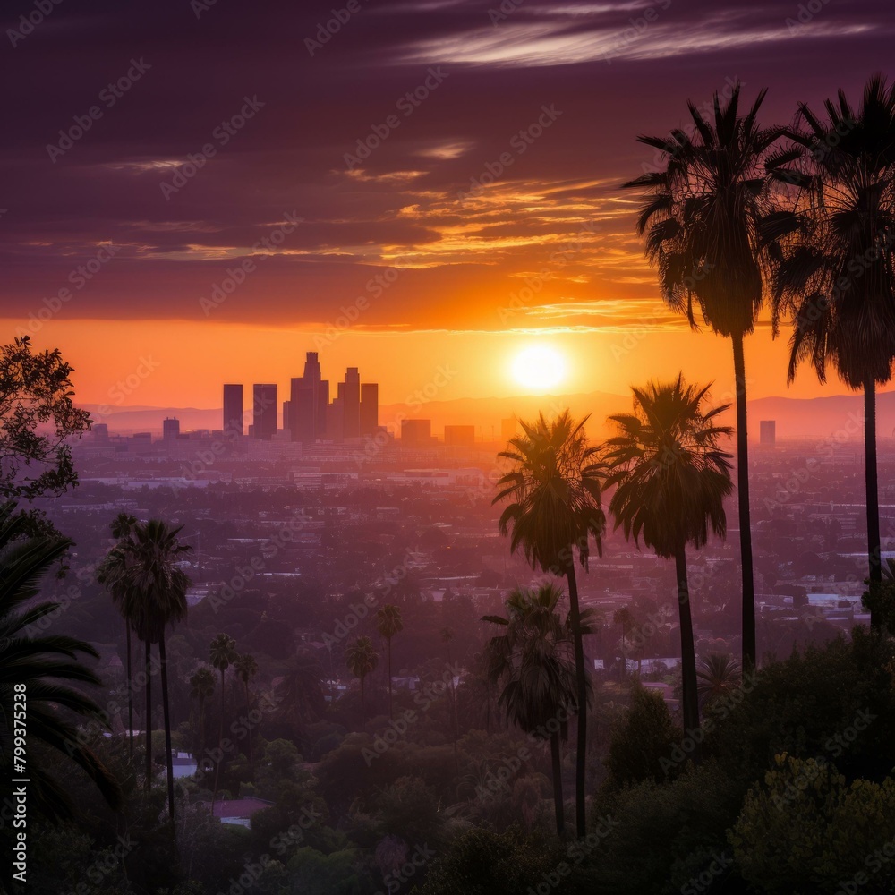 Obraz premium Palm trees and setting sun over Los Angeles skyline