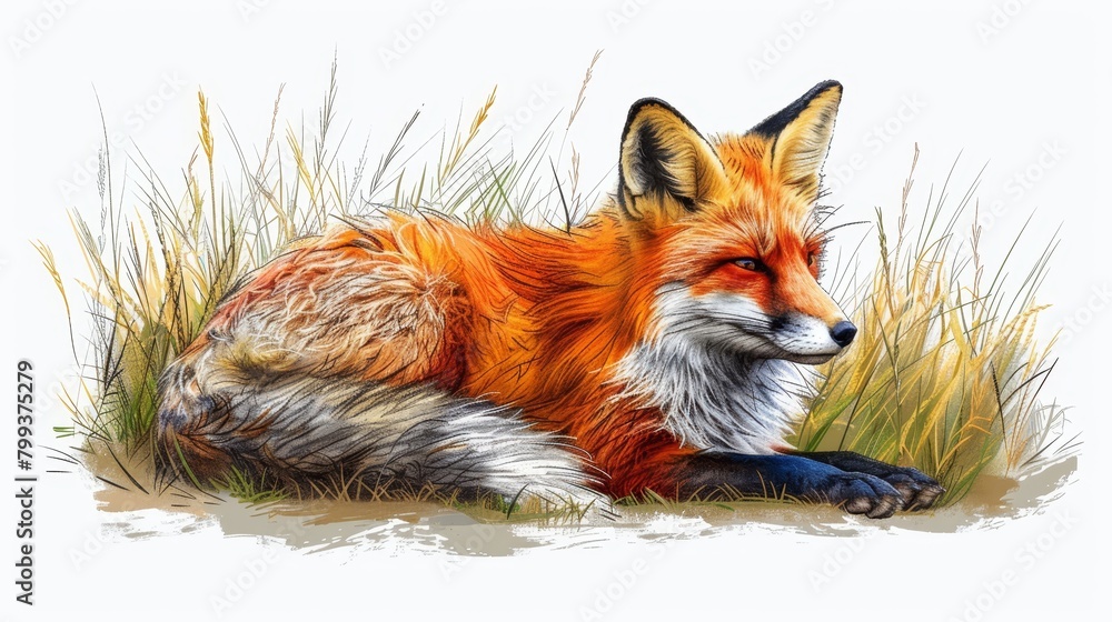   A red fox lying in the grass, head turned to the side, eyes closed