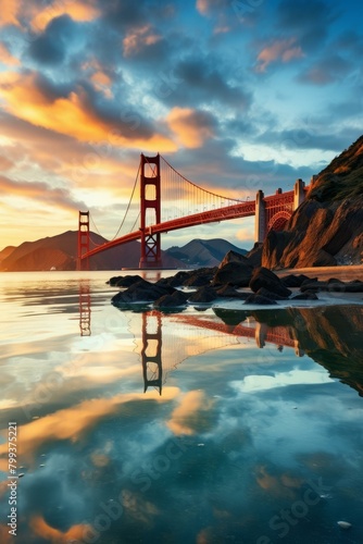 Golden Gate Bridge at sunset reflecting in the calm water below