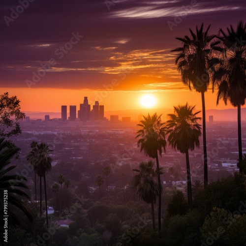 Palm trees and setting sun over Los Angeles skyline