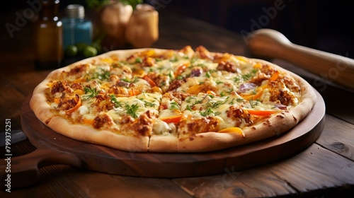 A delicious pizza with chicken, peppers and onions