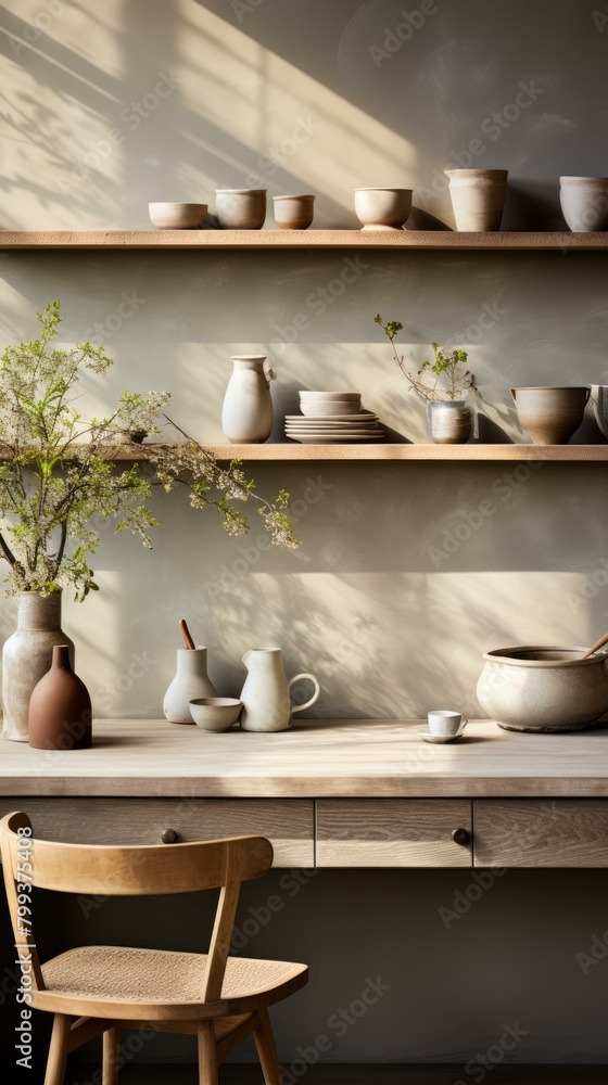 A ceramic collection is displayed on wooden shelves in a sunlit room