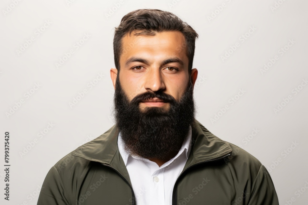 Headshot of a man with a beard wearing a green jacket and white shirt Headshot of a man with a beard wearing a green jacket and white shirt
