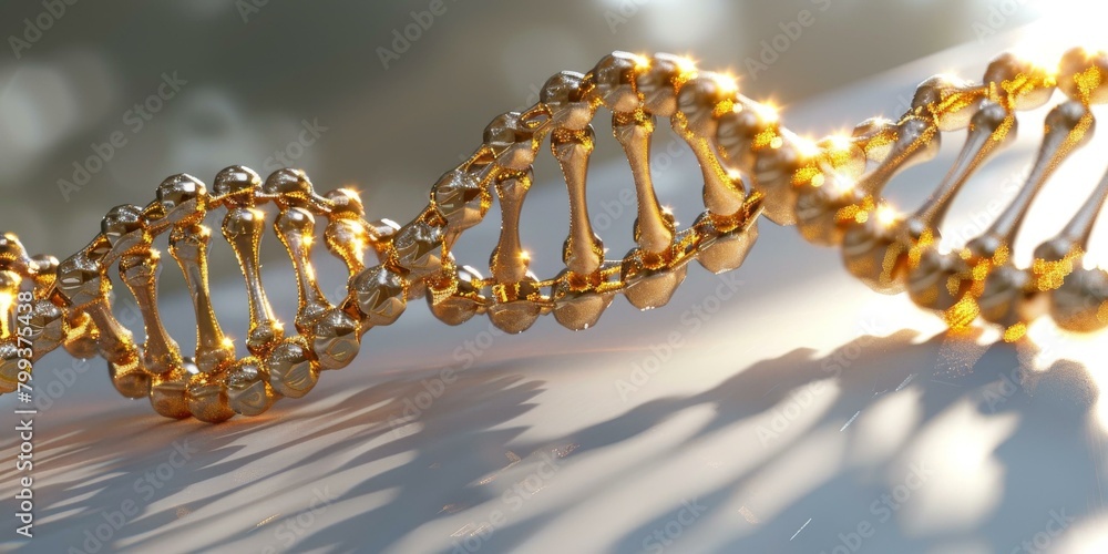 Gold double helix structure DNA model closeup