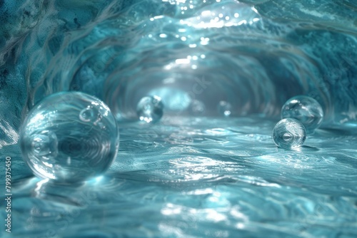 3D rendering of floating glass spheres in a blue liquid environment