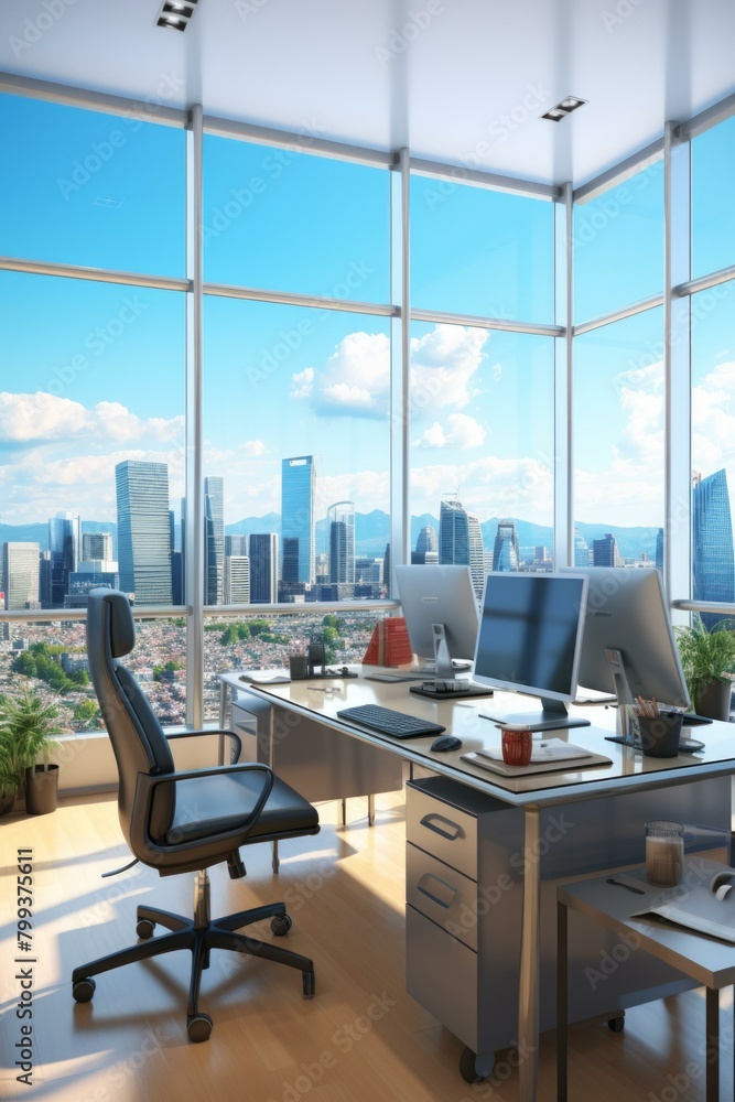 Modern office interior with large windows and city view Modern office interior with large windows and city view