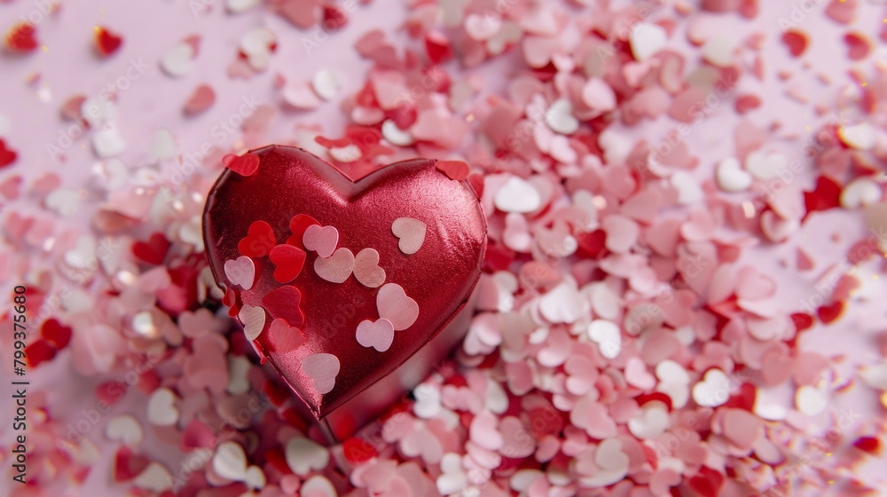 Celebrate special occasions with a top down look at a charming red heart shaped box nestled amidst a sprinkle of pink confetti perfect for showcasing your products on Valentine s Day Women Celebrate special occasions with a top down look at a charming red heart shaped box nestled amidst a sprinkle of pink confetti perfect for showcasing your products on Valentine s Day Women